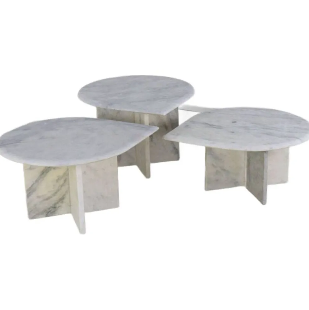 Ensemble de 3 tables d'appoint en marbre en forme de goutte d'eau, table basse vintage.