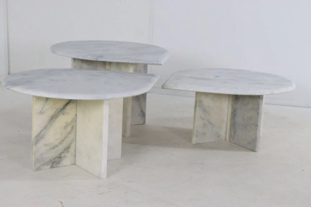 Ensemble de 3 tables d'appoint en marbre en forme de goutte d'eau, table basse vintage.