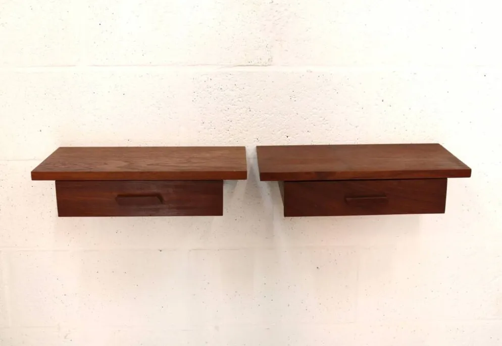 Ensemble de tables de chevet flottantes en teck vintage – Design danois, années 1970