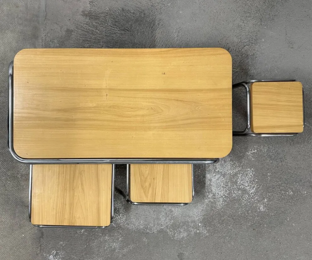 Ensemble de 4 tables de salon gigognes 70s métal et chêne massif