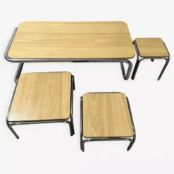 Ensemble de 4 tables de salon gigognes 70s métal et chêne massif