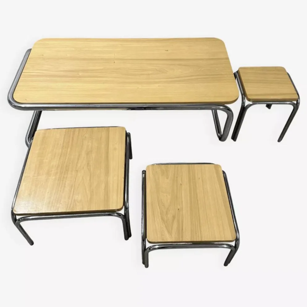 Ensemble de 4 tables de salon gigognes 70s métal et chêne massif