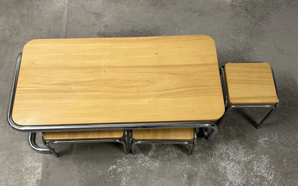 Ensemble de 4 tables de salon gigognes 70s métal et chêne massif