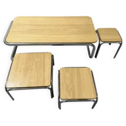 Ensemble de 4 tables de salon gigognes 70s métal et chêne massif