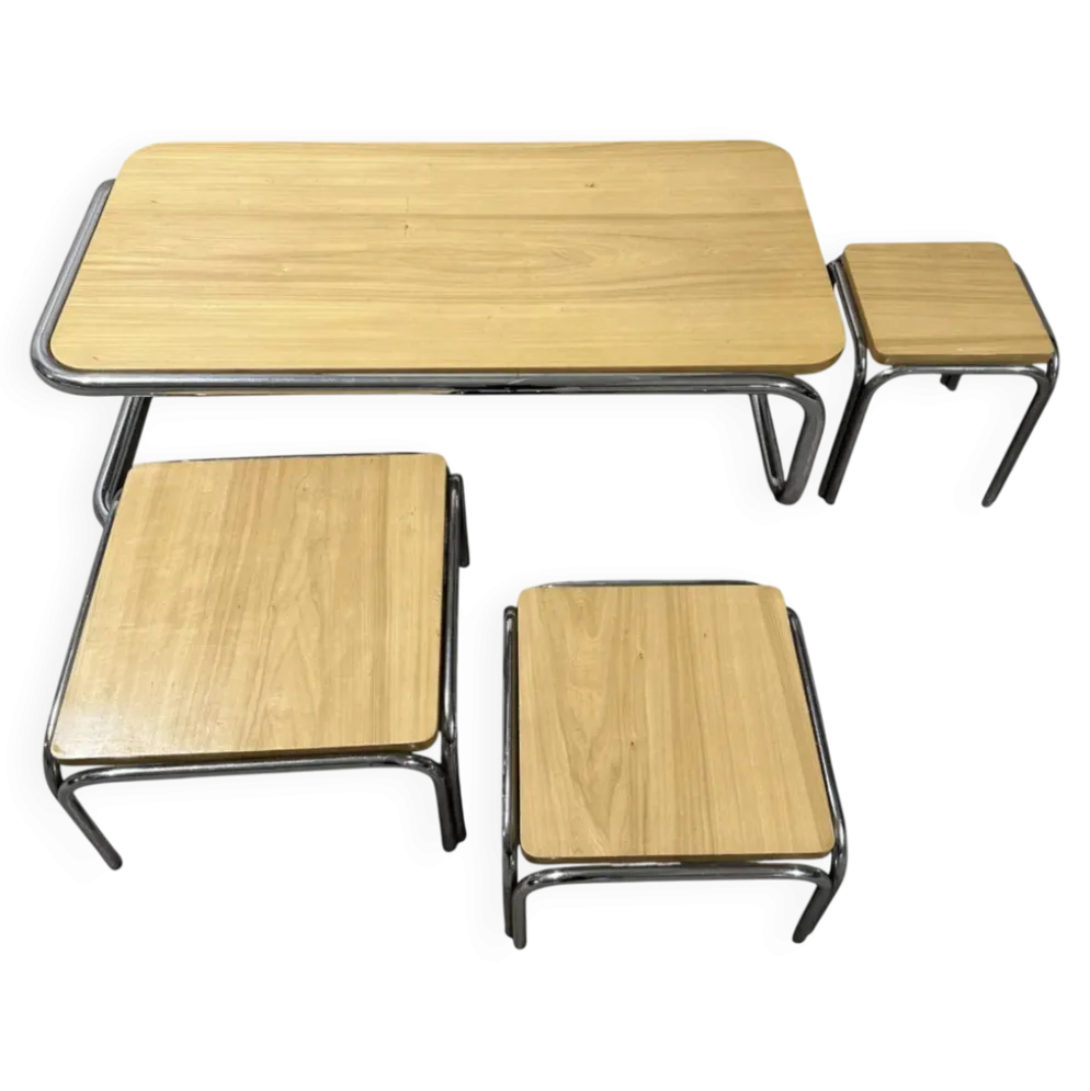 Ensemble de 4 tables de salon gigognes 70s métal et chêne massif