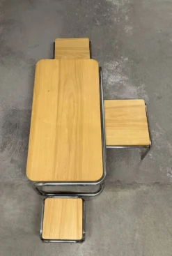 Ensemble de 4 tables de salon gigognes 70s métal et chêne massif