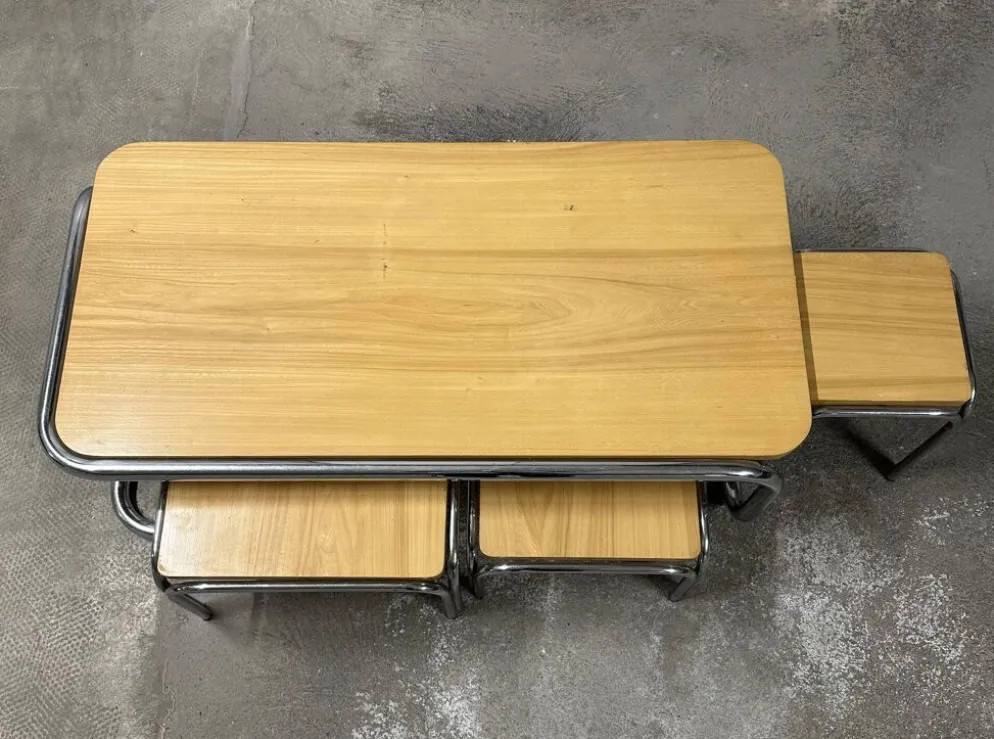 Ensemble de 4 tables de salon gigognes 70s métal et chêne massif