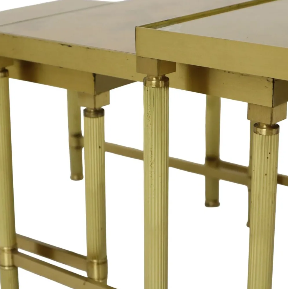Ensemble de 3 tables gigognes design en laiton, cuivre, verre, doré, style maison jansen