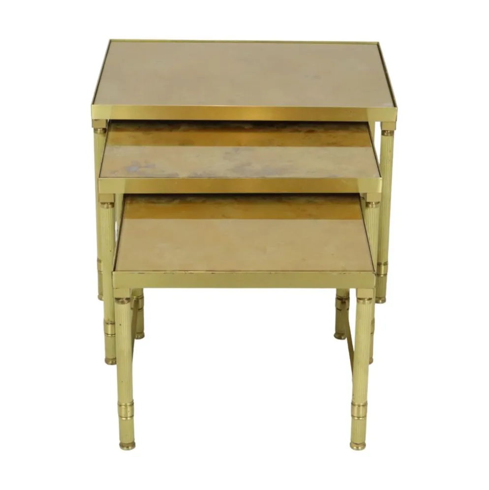 Ensemble de 3 tables gigognes design en laiton, cuivre, verre, doré, style maison jansen