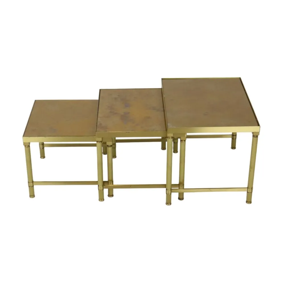 Ensemble de 3 tables gigognes design en laiton, cuivre, verre, doré, style maison jansen