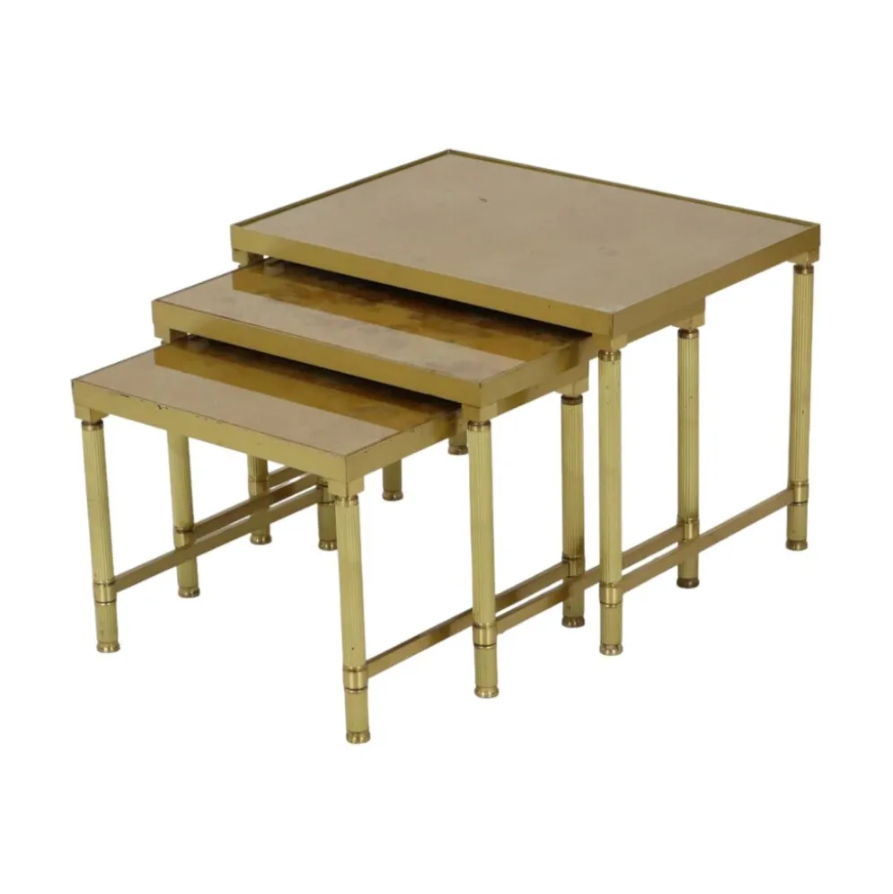 Ensemble de 3 tables gigognes design en laiton, cuivre, verre, doré, style maison jansen