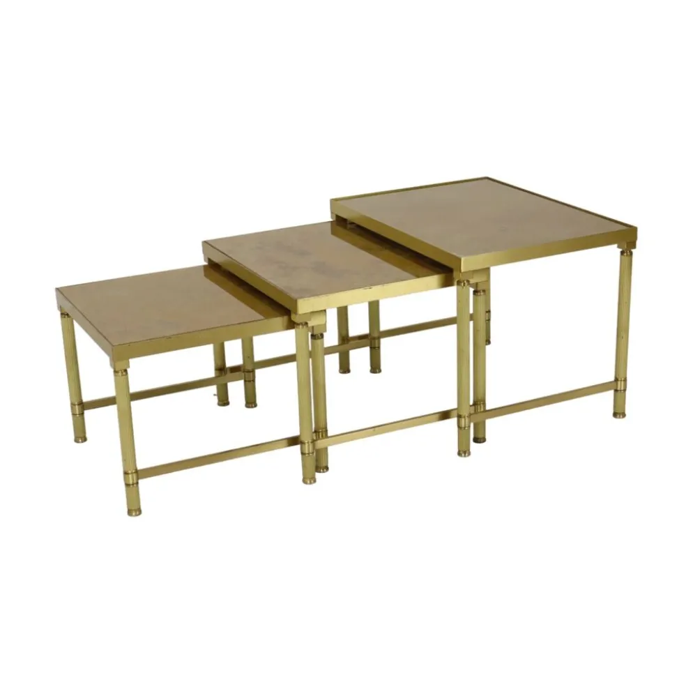 Ensemble de 3 tables gigognes design en laiton, cuivre, verre, doré, style maison jansen