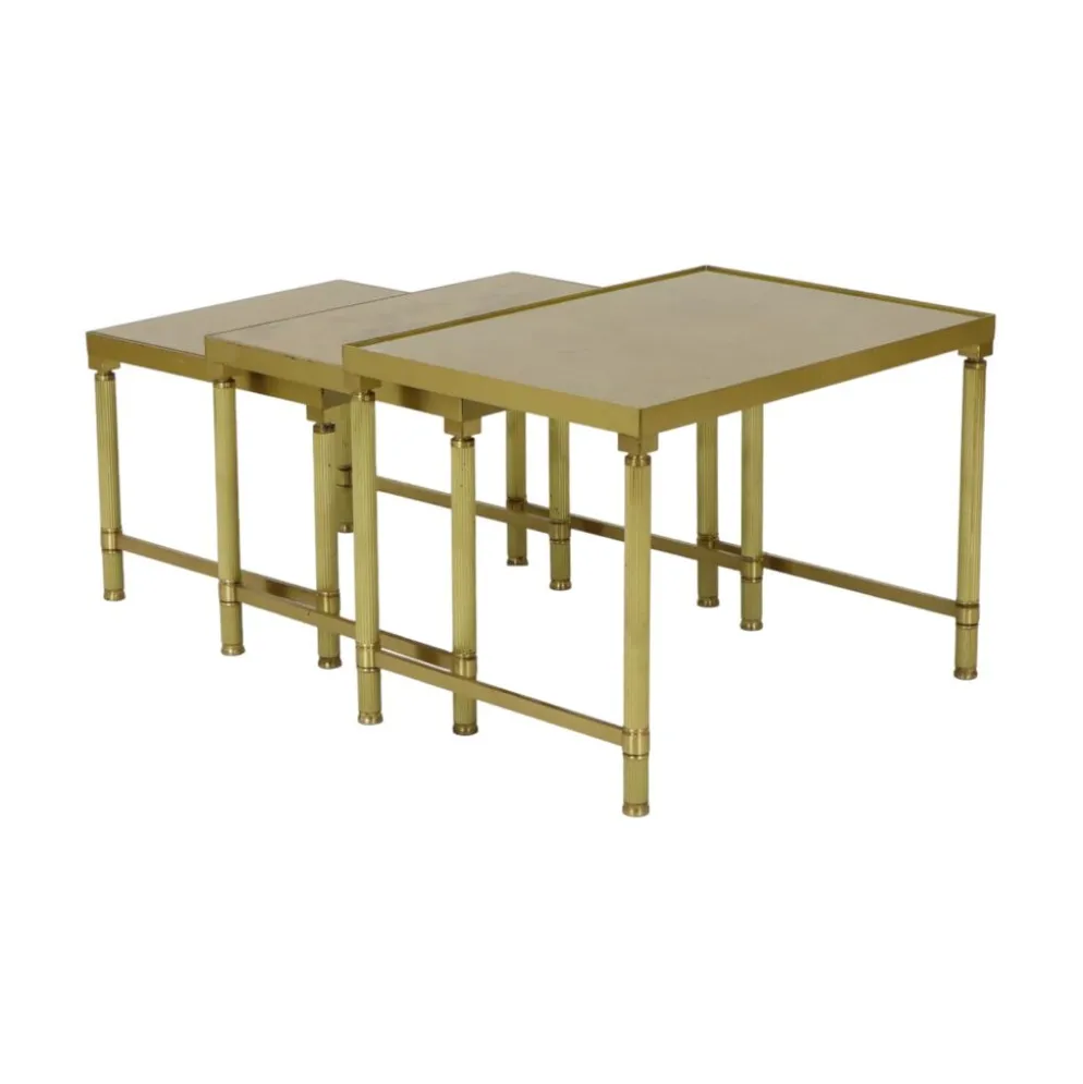 Ensemble de 3 tables gigognes design en laiton, cuivre, verre, doré, style maison jansen