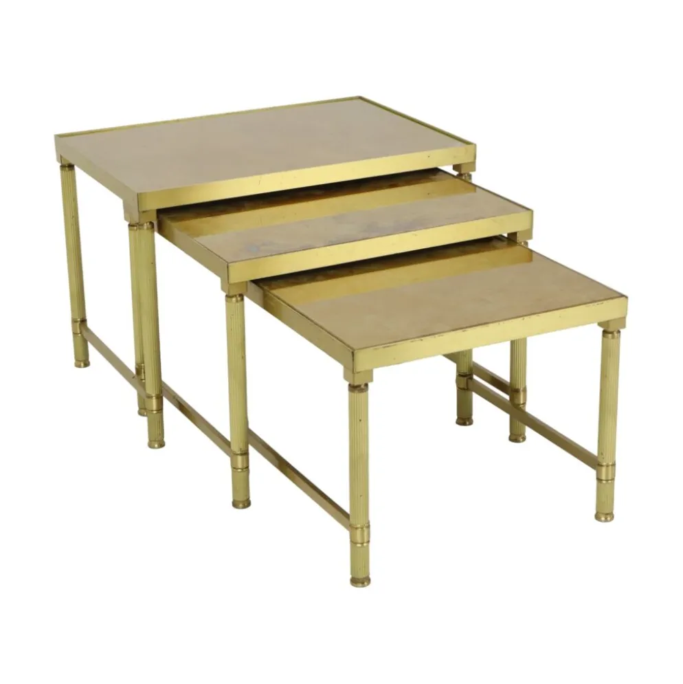 Ensemble de 3 tables gigognes design en laiton, cuivre, verre, doré, style maison jansen