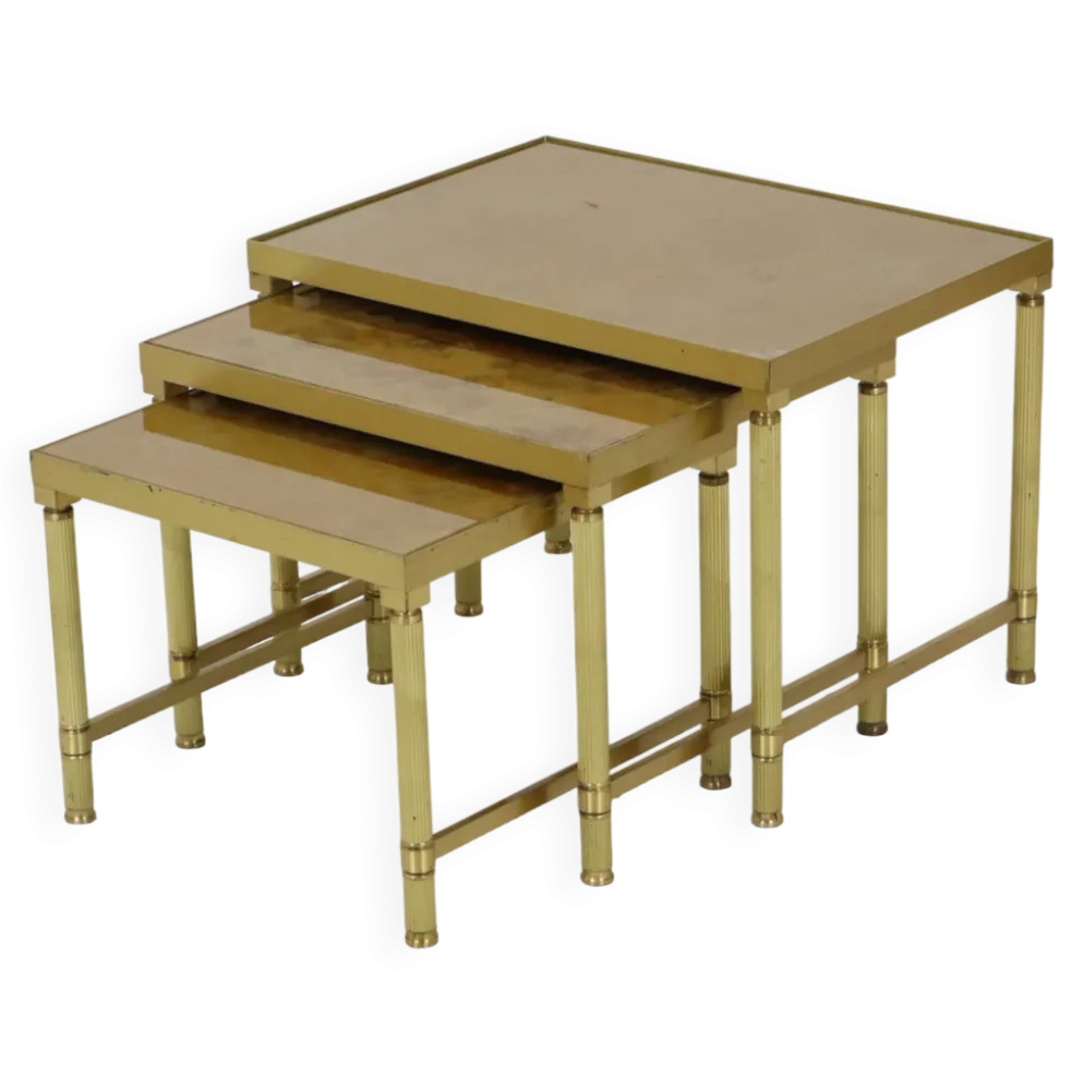 Ensemble de 3 tables gigognes design en laiton, cuivre, verre, doré, style maison jansen