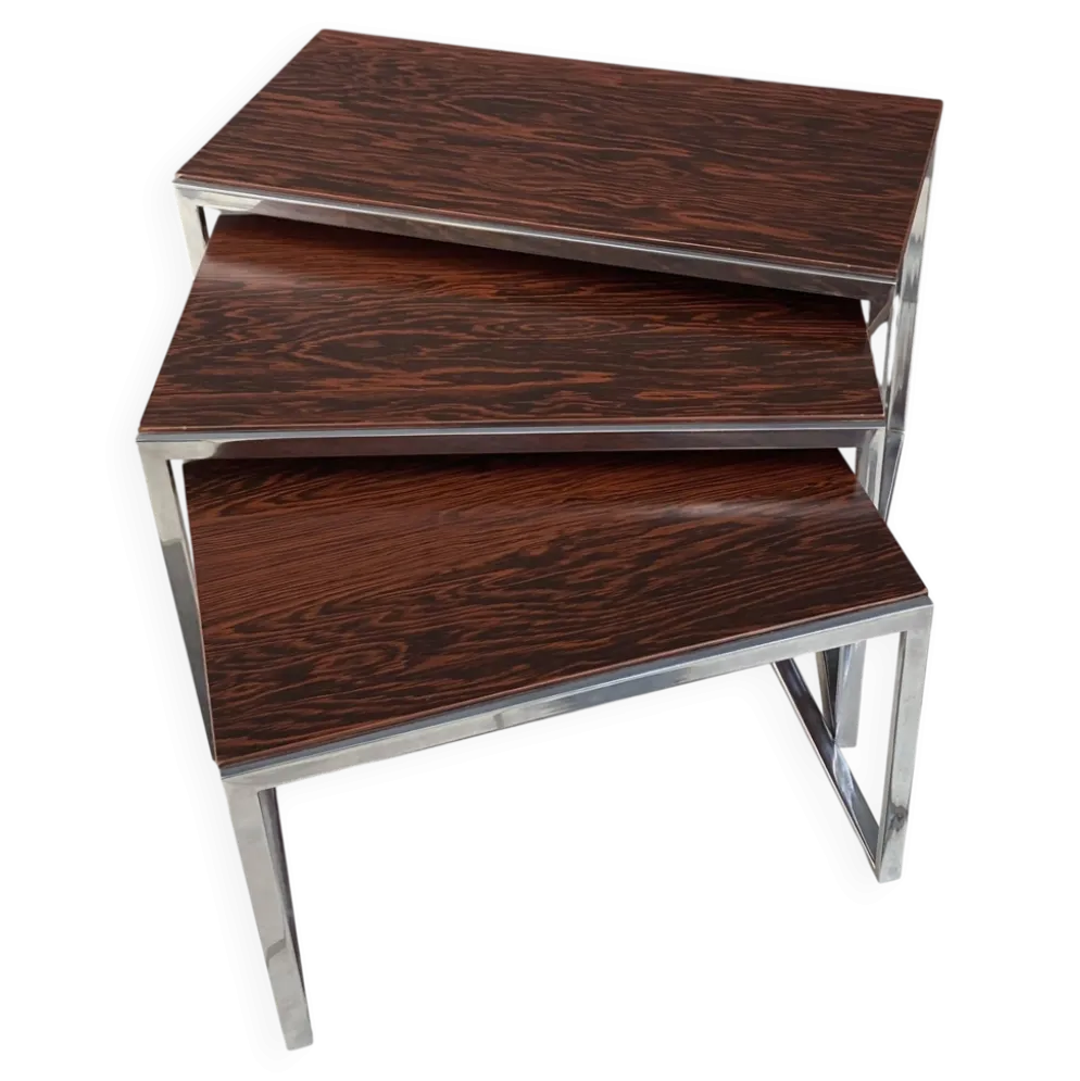 Ensemble de tables gigognes en chrome et bois de rose des années 1970