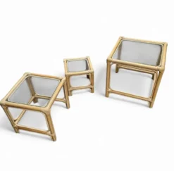 Ensemble de tables gigognes en bambou / plateaux en verre transparent / tables d'appoint / 1970