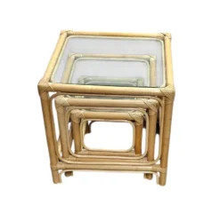 Ensemble de tables gigognes en bambou / plateaux en verre transparent / tables d'appoint / 1970