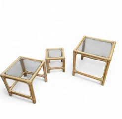 Ensemble de tables gigognes en bambou / plateaux en verre transparent / tables d'appoint / 1970
