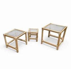 Ensemble de tables gigognes en bambou / plateaux en verre transparent / tables d'appoint / 1970