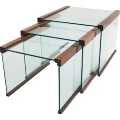 Ensemble de 3 tables gigognes en verre trempé et en bois de rose, Gallotti