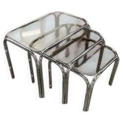 Ensemble de 3 tables gigognes / tables d'appoint chromées vintage