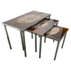Ensemble de 3 tables gigognes vintage / tables d'appoint avec céramique