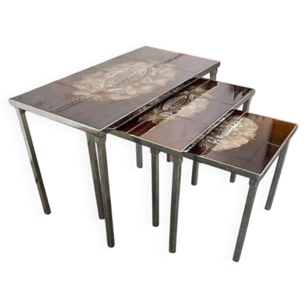 Ensemble de 3 tables gigognes vintage / tables d'appoint avec céramique