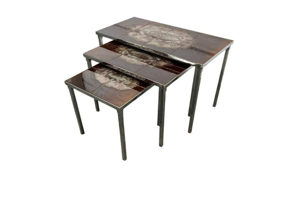 Ensemble de 3 tables gigognes vintage / tables d'appoint avec céramique