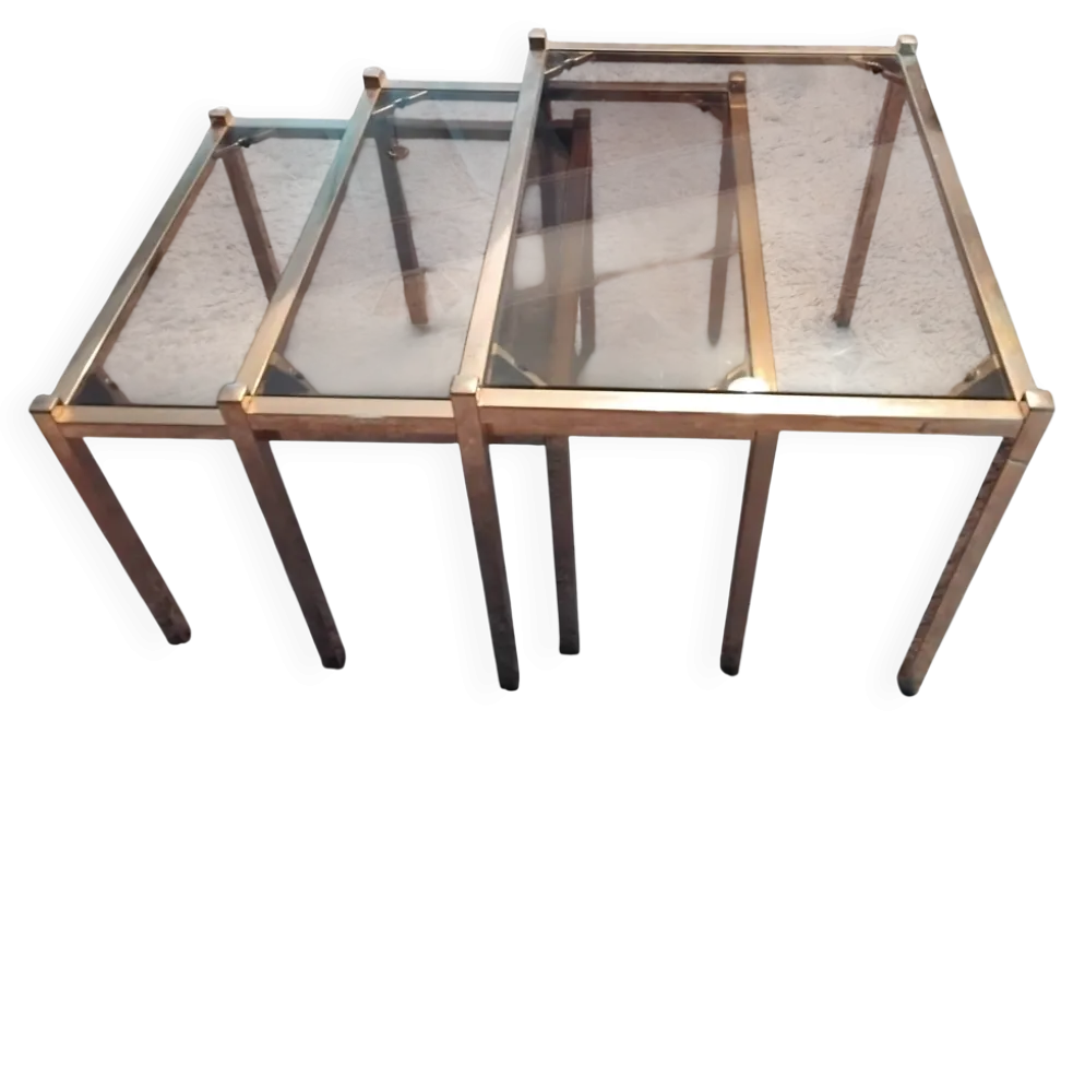 Ensemble de 3 tables gigognes vintage – verre fumé & métal doré