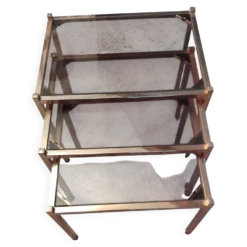 Ensemble de 3 tables gigognes vintage – verre fumé & métal doré