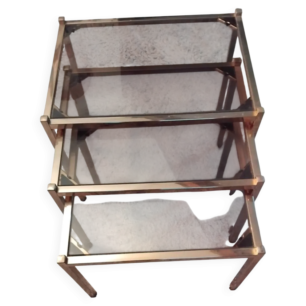 Ensemble de 3 tables gigognes vintage – verre fumé & métal doré