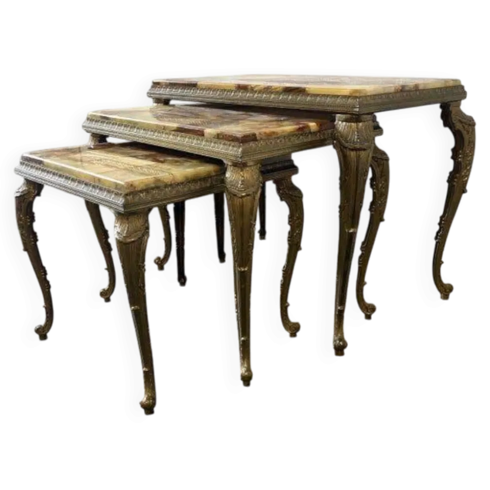 Ensemble de 3 tables gigognes vintage / tables d'appoint en onyx