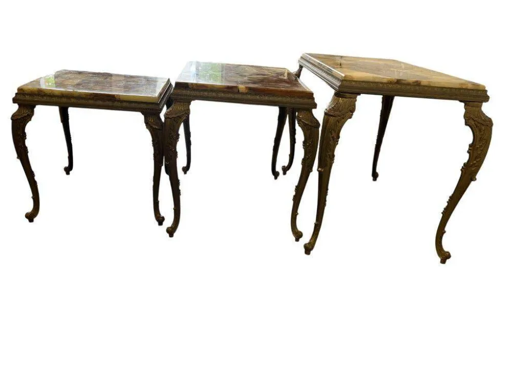Ensemble de 3 tables gigognes vintage / tables d'appoint en onyx
