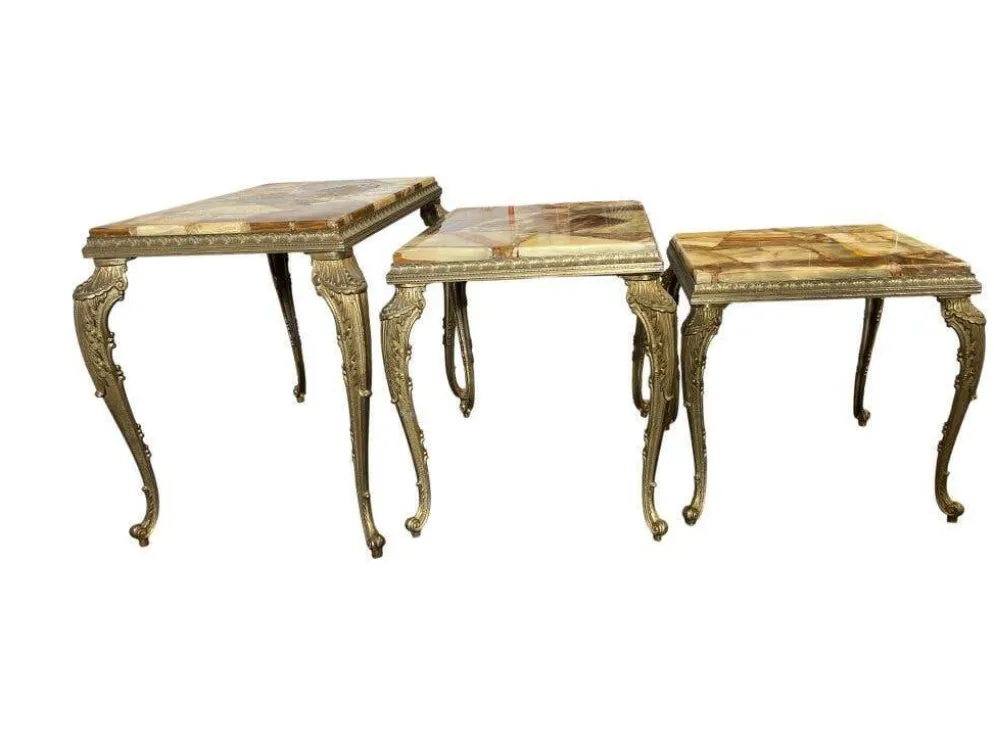 Ensemble de 3 tables gigognes vintage / tables d'appoint en onyx