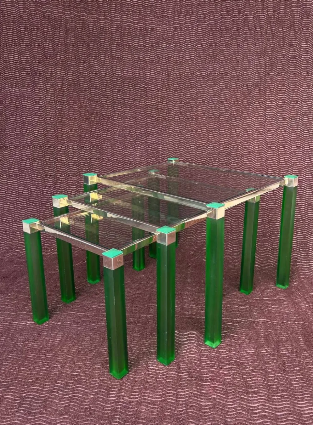 Ensemble de 3 tables gigogne vintage 1970 hollywood regency metal dore