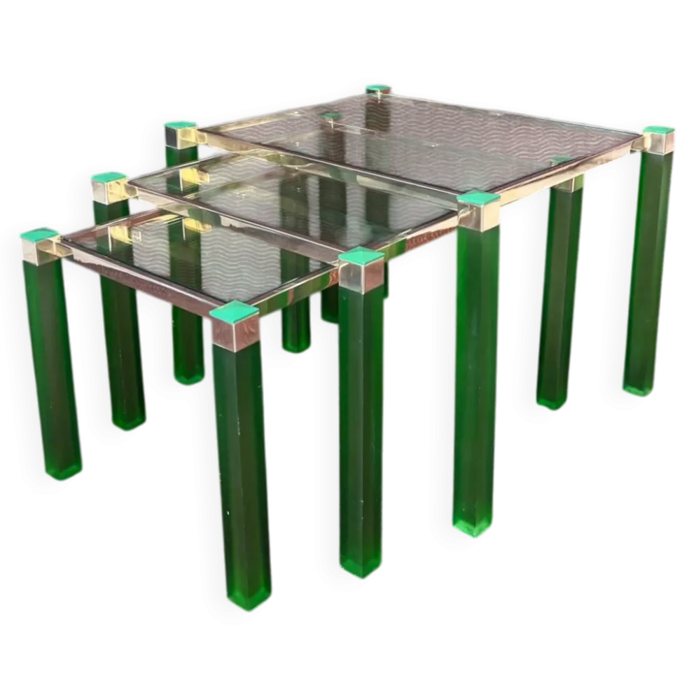 Ensemble de 3 tables gigogne vintage 1970 hollywood regency metal dore