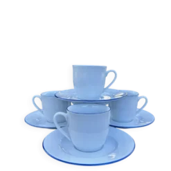 Ensemble de 4 tasses à café et soucoupes blanches liseré bleu degrenne