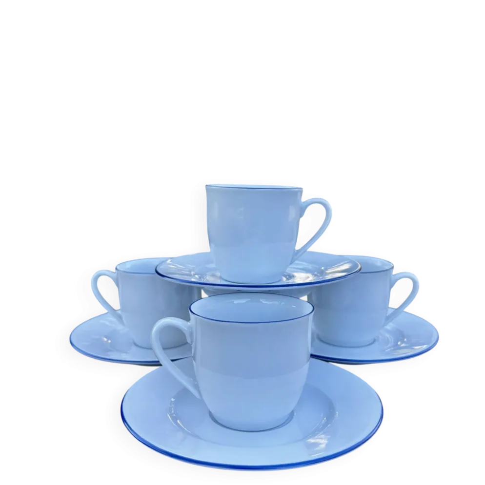Ensemble de 4 tasses à café et soucoupes blanches liseré bleu degrenne