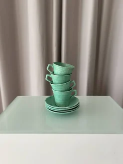 Ensemble de 4 tasses à espresso et sous-tasses en céramique vintage vert jade – Fabriquées à la main