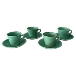 Ensemble de 4 tasses à espresso et sous-tasses en céramique vintage vert jade – Fabriquées à la main