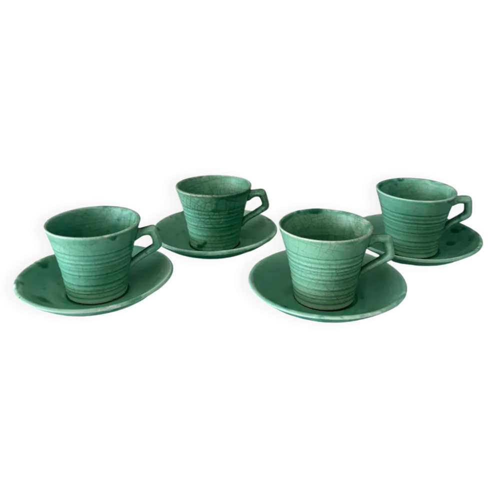 Ensemble de 4 tasses à espresso et sous-tasses en céramique vintage vert jade – Fabriquées à la main