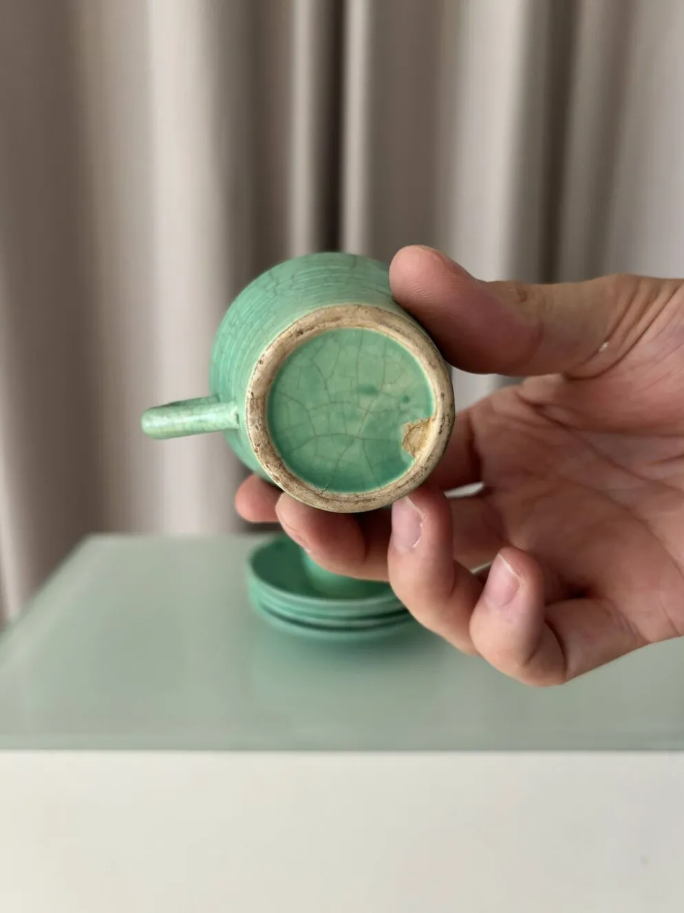 Ensemble de 4 tasses à espresso et sous-tasses en céramique vintage vert jade – Fabriquées à la main