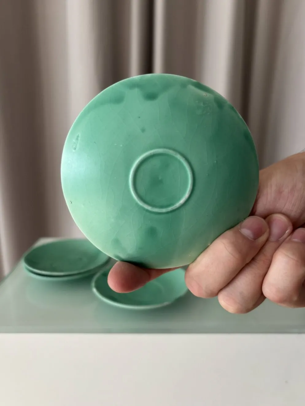 Ensemble de 4 tasses à espresso et sous-tasses en céramique vintage vert jade – Fabriquées à la main