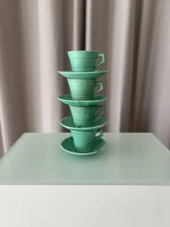 Ensemble de 4 tasses à espresso et sous-tasses en céramique vintage vert jade – Fabriquées à la main