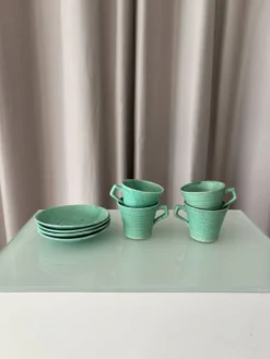 Ensemble de 4 tasses à espresso et sous-tasses en céramique vintage vert jade – Fabriquées à la main