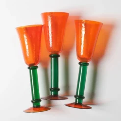 Ensemble de 3 verres à tige vintage orange et vert / Kosta Boda / Suède / 1980