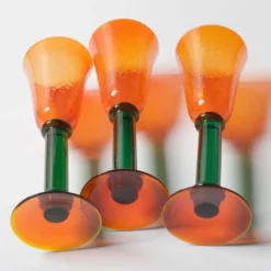 Ensemble de 3 verres à tige vintage orange et vert / Kosta Boda / Suède / 1980