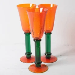 Ensemble de 3 verres à tige vintage orange et vert / Kosta Boda / Suède / 1980