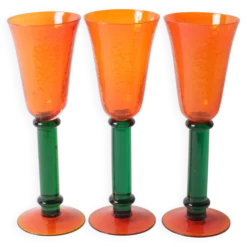 Ensemble de 3 verres à tige vintage orange et vert / Kosta Boda / Suède / 1980